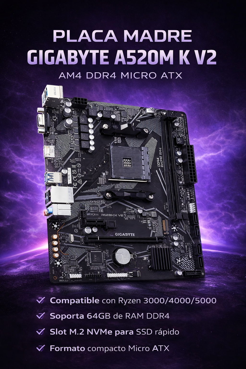 Placa Madre Gigabyte A520M K V2 Socket AM4